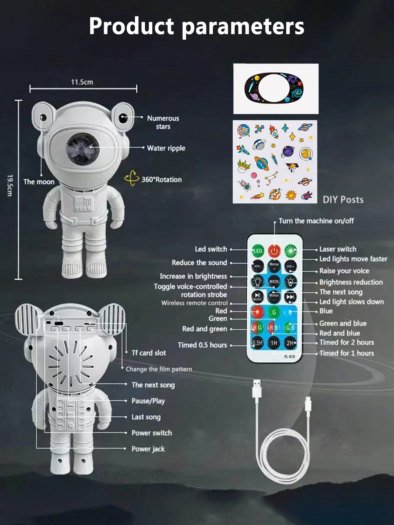 Astronauta Projetor Night Light com Caixa de Som Bluetooth